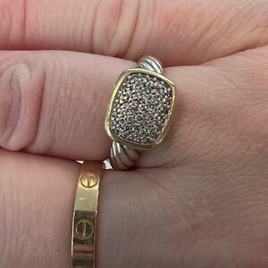 David Yurman Two-Tone Yellow Gold Diamond Cable Noblesse Cocktail Ring Silver